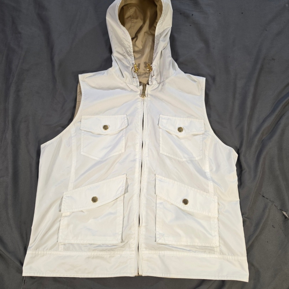 Lauren Ralph Lauren Reversible Hooded Utility Vest White Tan Gold Zip Pockets